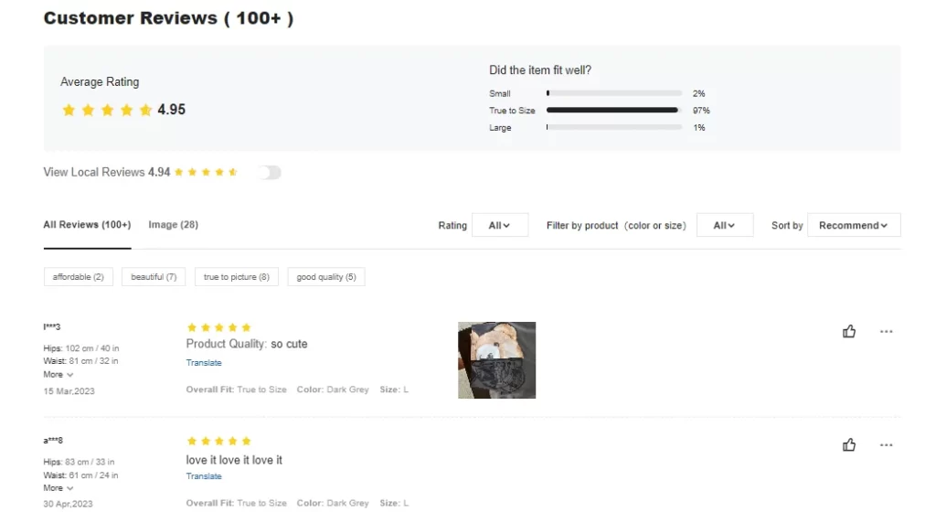 Example of customer reviews - Shein